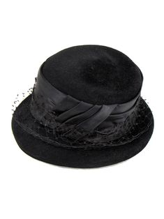 Black felt bucket-style hat with a short brim and a tall satin hatband with pleating detail and a swathe of black net. A versatile style to pair well with your other sixties pieces. Approx 21.5" internal circumference. Classic Boater Hat With Short Brim For Evening, Gatsby Style Cloche Hat With Short Brim For Party, Gatsby Style Short Brim Cloche Hat For Party, Gatsby Style Party Cloche Hat With Short Brim, Gatsby Style Short Brim Costume Hats For Evening, Winter Evening Top Hat With Curved Brim, Evening Winter Top Hat With Curved Brim, Winter Evening Brimmed Cloche Hat, Wide Brim Top Hat For Winter Evening