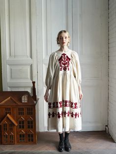 Paper-cut Flocked Embroidered Cape Sleeve Dress | UNLOGICAL POEM – Unlogical Poem Punch Clothes, Linen Dress Pattern, Russian Embroidery, Cape Sleeve Dress, Embroidered Cape, Folk Clothing, Elf Clothes, Dapper Day, Linen Color