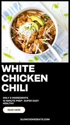 white chicken chili in a bowl with avocado on top