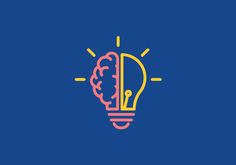 a light bulb with a brain inside it and the word think written in yellow on blue background