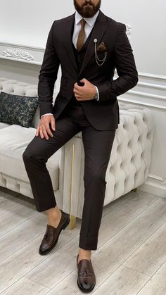 Collection: GentWith Spring – Summer 2021  Product: Slim-Fit Three Piece Suit  Color Code: Coffee  Size: EU46/US36 | EU48/US38 | EU50/US40 | EU52/US42 | EU54/US44 | EU56/US46  Suit Material: 65% polyester, 35% Viscose  Machine Washable: No   Fitting: Slim-fit  Cutting: One Button, Double Slits  Cutting: Italian  Drop: 6  Package Include: Jacket, Vest and Pants  Gifts: Chain, Flower, Neck Tie and Pocket Square Mens Suits Green, Reception Suits, Homecoming Outfits For Guys, Blazer Outfits Men, Mens Smart Casual Outfits, Vest And Pants, Men's Business Suits, Classy Suits, Pants Gift