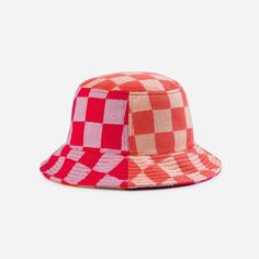 Melon Blush | Checkerboard Patchwork Bucket Hat Checkered Bucket Hat, Patchwork Bucket Hat, Knit Bucket Hat, Knot Stud Earrings, Knot Studs, Winter Walk, Book Candle, Patchwork Patterns, Jacquard Knit