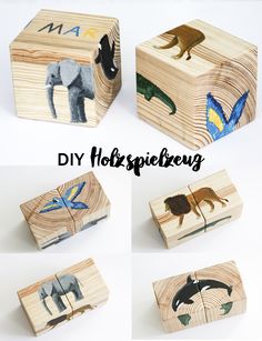 four wooden blocks with animals painted on them and the words diy horspieberry