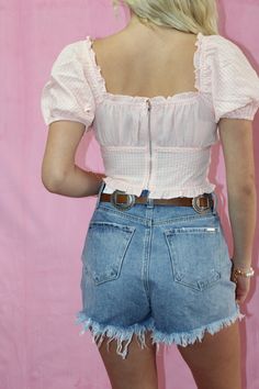 Pink gingham crop top with puff sleeves Crop Top With Puff Sleeves, Gingham Crop Top, Top With Puff Sleeves, Gingham Top, Gingham Tops, Pink Gingham, Girl Gang, Our Girl, Puff Sleeves