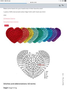 the crochet heart pattern is shown in different colors