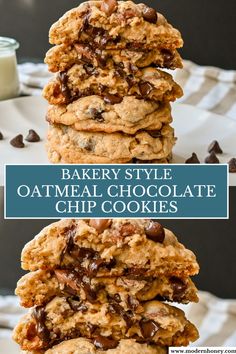 three cookies stacked on top of each other with the words bakery style oatmeal chocolate chip cookies