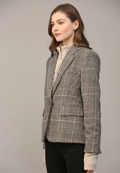 Knit insert plaid blazer Winter Houndstooth Blazer With Notch Lapel, Plaid Wool Sport Coat For Work, Fall Workwear Sport Coat With Houndstooth Pattern, Fall Houndstooth Sport Coat For Workwear, Fall Houndstooth Sport Coat For Work, Plaid Long Sleeve Blazer For Business Casual, Plaid Wool Blazer For Business Casual, Tailored Plaid Tweed Jacket With Lapel Collar, Plaid Single Breasted Blazer For Office