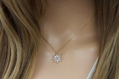 "Flower necklace CZ diamond-daisy flower pendant- gold silver-floral jewelry-Gift for mom-birthday gift-bridesmaid gift-wedding jewelry length: 15\" + 2\" extension as shown in the pictures pendant size: 14mm x 14mm material:silver plated, gold plated with CZ  lobster clasp available... gold, silver comes with a gift box View more jewelry HERE: https://www.etsy.com/shop/DearMia?ref=shopsection_shophome_leftnav" Picture Pendant, Floral Jewelry, Floral Jewellery, Pendant Gold, Cz Diamond, Mom Birthday, Mom Birthday Gift, Flower Pendant, Gift Wedding