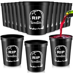 six black plastic cups filled with red liquid and the words riptuenties written on them