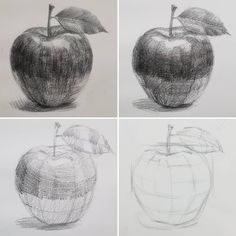 four drawings of an apple with leaves on top and the bottom one drawn in pencil