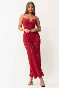 Look beautiful and enchanting in this Sweetheart Lace Red Sleeveless Jumpsuit. Its graceful lace design and sleeveless fit offer a sophisticated style while the backless cut gives a stylish twist. Feel your best and look your best with this elegant jumpsuit. Zipper closure Sweetheart Lace Red Sleeveless Jumpsuit Size Chart XS = Dress 0-2, Bust, 31"-32.5", Waist 23"-24, Hip 31"- 34"Small = Dress 4-6, Bust,33"-35", Waist 25-26", Hips 35"-37"Medium = Dress 8-10, Bust 35-36" Waist 27-28", Hips 38-39 Elegant Jumpsuits And Rompers With Sweetheart Neckline For Party, Fitted Jumpsuit With Sweetheart Neckline For Date Night, Elegant Jumpsuits With Sweetheart Neckline For Night Out, Elegant Jumpsuits And Rompers With Spaghetti Straps, Elegant Evening Jumpsuit With Spaghetti Straps, Party Jumpsuits And Rompers With Lace Trim, Elegant Spaghetti Strap Jumpsuits And Rompers For Party, Elegant Lace Jumpsuits And Rompers For Night Out, Elegant Party Jumpsuits With Spaghetti Straps