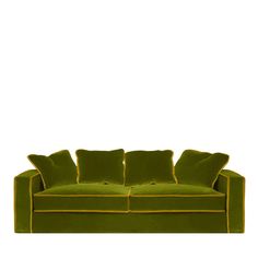 a green couch with yellow trim and pillows on it's back, in front of a white background