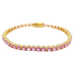 Fabulous important brand new bracelet made in solid 9 kt yellow gold and set with 9,60 Carats of vivid rose cut Natural Pink Sapphires, weighing 0.20 carat each (3,50 mm). This piece is designed and crafted in our laboratories, thanks to old techniques and processes, this make it very soft and comfortable. This can be that one "go to" diamond bracelet that is worn every day, whether by itself or with a bunch of other diamond bracelets you already own. It is Very fashionable! Can be ordered in yo Gold Tennis Bracelet, New Bracelet, Bracelet Tennis, Jewelry Accessories Ideas, Diamond Bracelets, Tennis Bracelet, Pink Sapphire, Rose Cut, Bracelet Making