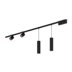 This ceiling track lighting kit in black includes two cylinder spotlights, two pendant lights, two 39.4 inch rails, a PSU that sits at the end of one rail, and connectors to create a straight line. Philips Hue Play Light Bar, Philips Hue, Security Cameras For Home, Hue Philips, Smart Lighting, Straight Lines, Recessed Lighting, Floor Lights, Table Lamp Lighting