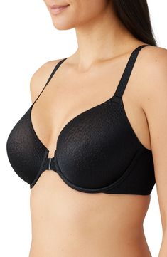 A perfect complement to sleeveless outfits, this front-close bra features stretch-foam cups and special smoothing fabric at the racerback and sides. Front clasp closure 86% nylon, 14% spandex Hand wash, line dry Imported Fitted Racerback Bra With Built-in Padding, Racerback Bra With Removable Pads, Fitted Bra With Built-in Padding, Black 4-way Stretch Racerback Sports Bra, Moisture-wicking 4-way Stretch Black Sports Bra, Black Moisture-wicking Nylon Sports Bra, Black Underwire Bra-friendly Swimwear, Black Full Coverage Micro-elastic Bra, Racerback Bra