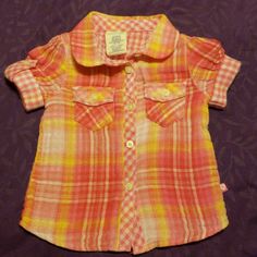 Pink And Yellow Plaid Button-Up Shirt. 100% Cotton. New Condition, Never Worn Cute Orange Short Sleeve Shirt, Multicolor Collared Cute Tops, Cute Multicolor Collared Tops, Cute Button-up Shirt For Summer, Cute Cotton Tops With Button Closure, Yellow Cotton Button-up Shirt, Yellow Cotton Shirt With Buttons, Cute Collared Tops For Playtime, Cotton Button-up Tops For Playtime