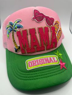 Custom trucker hat for Mama's that rock that Lilly Pulitzer vibe. Fun Summer Baseball Cap With Flat Bill, Multicolor Summer Hats With Letter Print, Pink Casual Trucker Hat For Vacation, Hip Hop Style Curved Bill Baseball Cap For Summer, Casual Pink Snapback Hat For Vacation, Adjustable Trucker Hat For Spring, Multicolor Baseball Cap For Vacation, Fun Flat Bill Hats For Summer, Summer Multicolor Hats With Letter Print