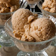 three scoops of ice cream in glass bowls