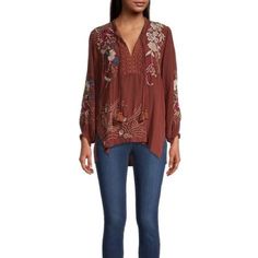 Features Embroidered Details, Silk, Dry Clean, Splitneck With Tassels, Bracelet Sleeves With Elasticized Cuffs, Gathered Back Yoke, Hi Low Hem, 20”Pit To Pit And 28” Length Approximately Fall Floral Embroidered V-neck Top, V-neck Embroidered Fall Top, Fitted Casual Embroidered Top For Fall, Casual Fitted Embroidered Top For Fall, Blue Velvet Blouse, Henley Shirt Women, Mint Blouse, Ruffle Collar Blouse, Floral Babydoll Top