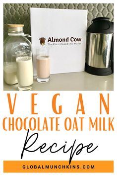 vegan chocolate oat milk recipe on a counter with an orange and white background