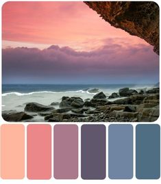 an image of the ocean at sunset with rocks and water in color palette swatches