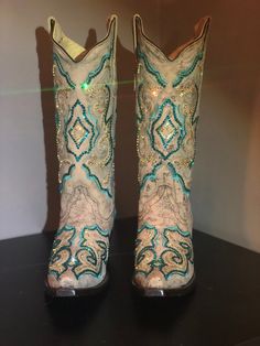 "Corral E1002 western boots blinged-out with almost 2000 Swarovski crystals applied by hand  - Genuine leather upper  - Pointed toe  - Synthetic sole  - Shaft measures approximately 13\" from arch  - 2\" heel  - 14\" circumference" Boot Bling, Corral Boots, Columbia Mo, Country Girls Outfits, Cute Boots, Beautiful Boots, Cowboy Western, Boot Accessories, Western Cowboy Boots