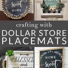 dollar store sign and other items with the words crafting with dollar store placemats