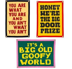 three signs with words on them that say it's a big old goofy world