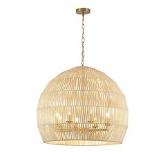 a bamboo light fixture hanging from the ceiling