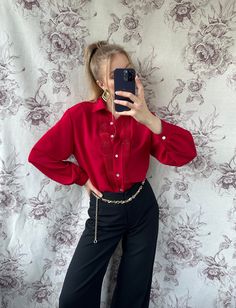 - Vintage red embroidered elegant blouse - Good vintage condition  - TAG SIZE: 40 - Fabric information: 100% polyester Estimated to fit XS-S-M-L based on your desired fit. Measurements (laying flat): - Shoulders (back): 42 cm - Length: 70 cm - Sleeve: 56 cm - Armpit to armpit: 56 cm Vintage clothes may come with minor flaws due to pre-loved wear. But most importantly it is a one-of-a-kind piece with its own character. By shopping secondhand you're giving a second life and not contributing to the Elegant Red Embroidered Tops, Embroidered Formal Tops For Fall, Elegant Red Embroidered Blouse, Classic Embroidered Blouse For Formal Occasions, Elegant Embroidered Shirt For Fall, Elegant Embroidered Fall Shirt, Formal Embroidered Blouse For Fall, Classic Red Formal Blouse, Vintage Blouse Outfit