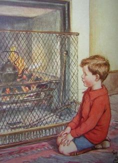 a drawing of a boy sitting in front of a fire place