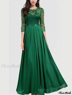 Olivia Mark - Womens Elegant Spliced Chiffon Evening Gown with Round Neck and Lace, Perfect for Formal Occasions Formal Green Gown With Sheer Bodice, Green Formal Gown With Sheer Bodice, Green Gown With Sheer Bodice For Formal Occasions, Green Floor-length Dress With Sheer Bodice, Green Floor-length Chiffon Wedding Dress, Formal Green Chiffon Maxi Dress, Green Chiffon Maxi Dress For Banquet, Green Evening Dress With Lace Bodice, Green Long Sleeve Bridesmaid Gown