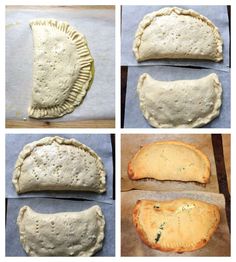 four different stages of making pie crusts on baking sheet lined with wax paper and then rolled up