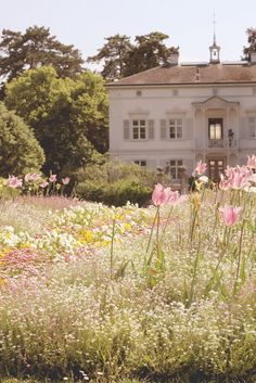 a large white house sitting in the middle of a field full of wildflowers