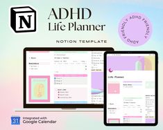 Thoughtfully designed by an ADHD Mind, this Notion Life Planner Template was designed to grab your attention and keep it! This all-in-one life planner contains everything you need and more to take your productivity to the next level and help you stay on track in every aspect of your life. Created with ADHD and neurodivergent adults in mind, the notion dashboard is aesthetically pleasing with art and color throughout--AND functional to aid in executive functioning tasks. Use this Notion Template 5 Minutes Journal, Life Planner Template, Google Agenda, Pomodoro Method, Notion Life Planner, Notion Dashboard, Living Better, Notion Templates, Executive Functioning