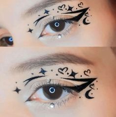 Unique Eyeliner Ideas, Birthday Eyeliner, Cloud Eyeliner, Eyeliner Designs Creative, Gothic Eyeliner Ideas, Black Graphic Liner, Unique Eyeliner, Heart Eyeliner