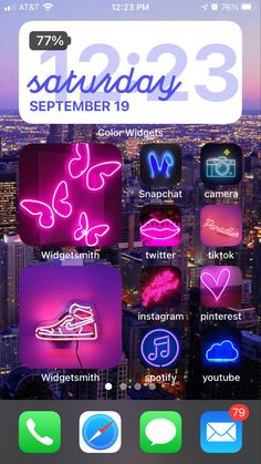 an iphone screen with neon lights and the words saturday 3, on top of it