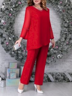 Plus Size Two-Piece Suit Party Evening Formal Dress Long Pants Casual, Chiffon Pants, Long Gowns, Plus Size Two Piece, Red Chiffon, Shirt Pant Set, Half Sleeve Tops, Evening Formal, Formal Evening Dresses