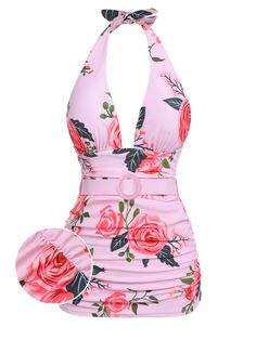 Pink 1930s Roses Halter Belt Swimsuit – Retro Stage - Chic Vintage Dresses and Accessories Retro Stage, Fringe Flapper Dress, Chic Swimsuit, Plus Size Pink, Vintage Swimsuit, Retro Swimsuit, Swimsuit Collection, Swimsuit Sale, Standard Dress