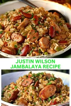 two pictures showing different types of rice and sausages in the same bowl, one is cooked