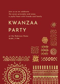 a red and gold party card with an image of native american art on the front