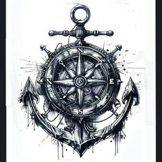 an anchor, compass and steering wheel tattoo design on a white paper with watercolor splashes