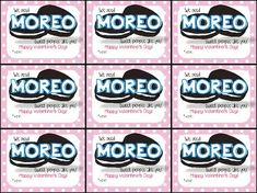 six boxes of moreo candy sitting on top of a pink and white checkered tablecloth