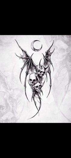 a black and white drawing of a demon with wings on it's back, in front of a half moon