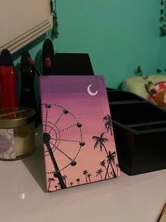 Acrylic painting of a Ferris Wheel and Palm Trees silhouette at sunset Cute Pig Drawing, Canvas Art Painting Abstract, Evening View, Acrylic Painting Inspiration, Pig Drawing, Sky Art Painting, Simple Canvas Paintings, Canvas Painting Tutorials, Cute Pig