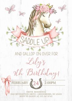 a birthday party flyer with a horse and flowers on the front, and pink ribbon around the neck