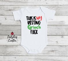 Custom onsie! Pair this Onesie with a matching wineglass and save! Baby Onesies Diy, Grinch Baby, Resting Grinch Face, Baby Grinch, Baby Onsie, Grinch Face, Christmas Onesie, Baby Christmas