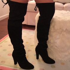 Size 7.5, Never Been Worn, Over The Knee Booties Casual Knee-high Platform Boots For Night Out, Casual Black Thigh High Platform Boots, Casual Black Thigh-high Platform Boots, Black Over-the-knee Boots For Fall, Black Wide Calf Thigh High Boots, Black Wide Calf Over-the-knee Boots, Black Thigh-high Wide Calf Boots, Thigh High Winter Boots For Night Out, Thigh High Boots For Winter Night Out