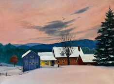 a painting of a snow covered farm with trees and mountains in the background at sunset