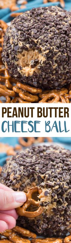 the peanut butter cheese ball is made with chocolate and pretzels